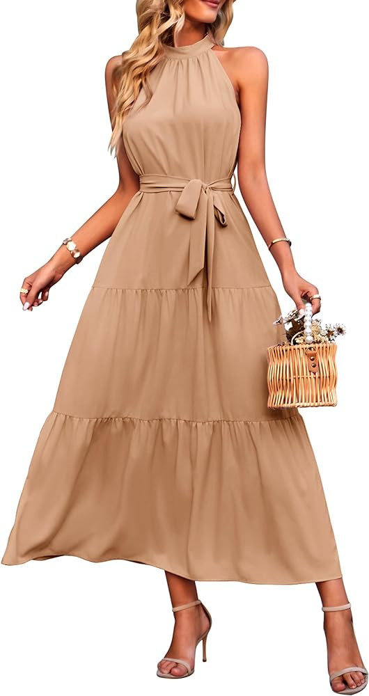PRETTYGARDEN Women's Summer Floral Maxi Sun Dress Tan Dress Nude Dress Beige Dress Light Brown Dress | Amazon (US)