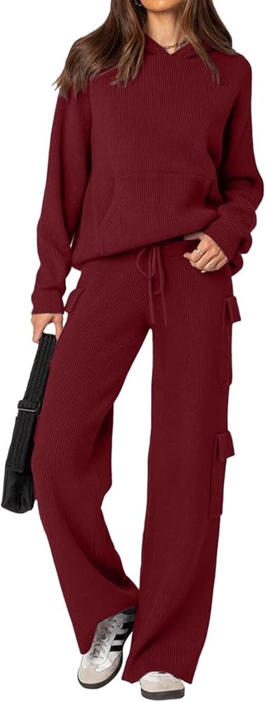 REORIA Women 2 Piece Knit Sweater Set Lounge Hoodie & Cargo Pants Outfit for Fall Winter 2024 Tra... | Amazon (US)