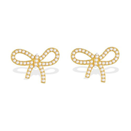 FAUTHENTICUTE Cute Pearl Bow Earrings For Women Gold Ribbon Bowknot Stud With Paved Pearls Dainty Christmas Bow Jewelry | Amazon (US)
