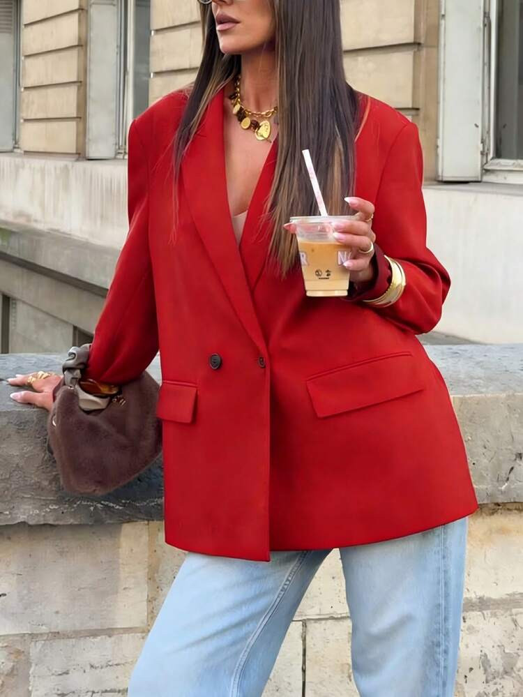 2026 Spring/Summer Red Professional Women's Blazer, Fashionable Elegant Christmas New Year Party Casual Thin Solid Color Business Double-Breasted Suit Jacket | SHEIN