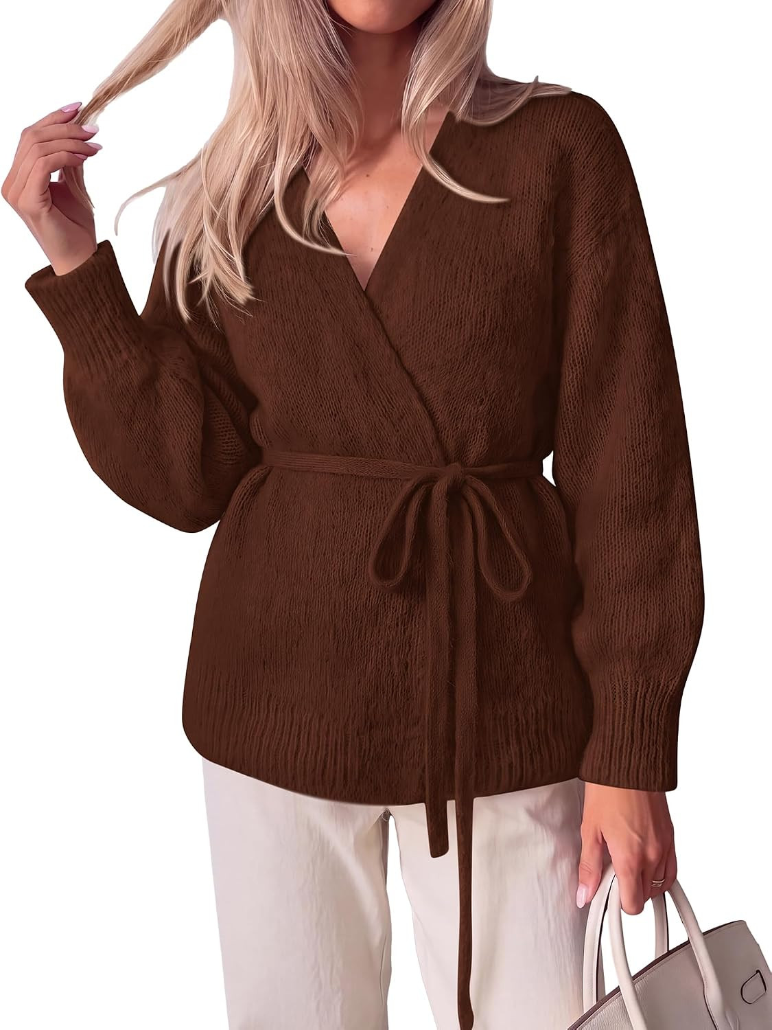 KIRUNDO Fall V Neck Wrap Sweaters for Women Trendy Cozy Tie Front Cardigan | Amazon (US)