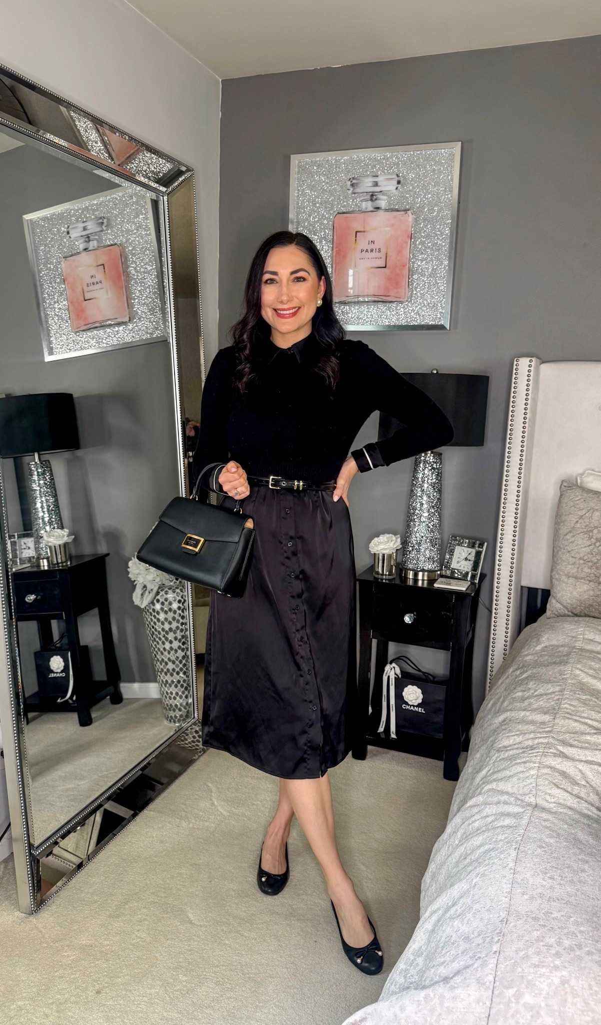 Classic business casual work outfit 🖤

Black cashmere sweater 
Black shirt dress 
Black ballet flats 

Work wear 
Office outfit 

#LTKSeasonal #LTKWorkwear