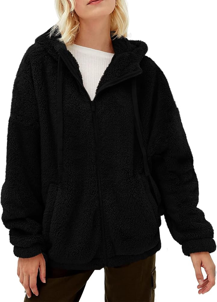 Womens Zip Up Fuzzy Fleece Sweater Jacket Casual Oversized Sherpa Hoodie Fluffy Coat with Pockets | Amazon (CA)