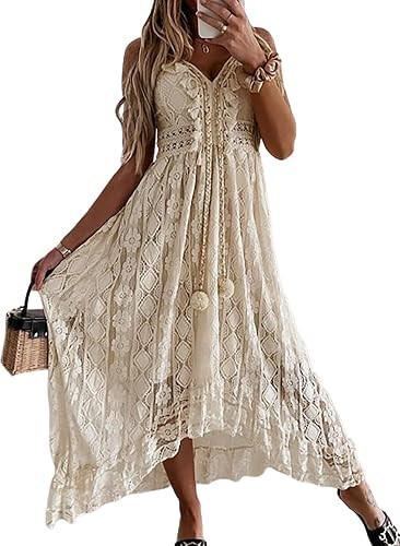CUPSHE Womens Lace Summer Maxi Dresses 2026 Beach Wear | V Neck Spaghetti Straps Sundress, Tassel... | Amazon (US)