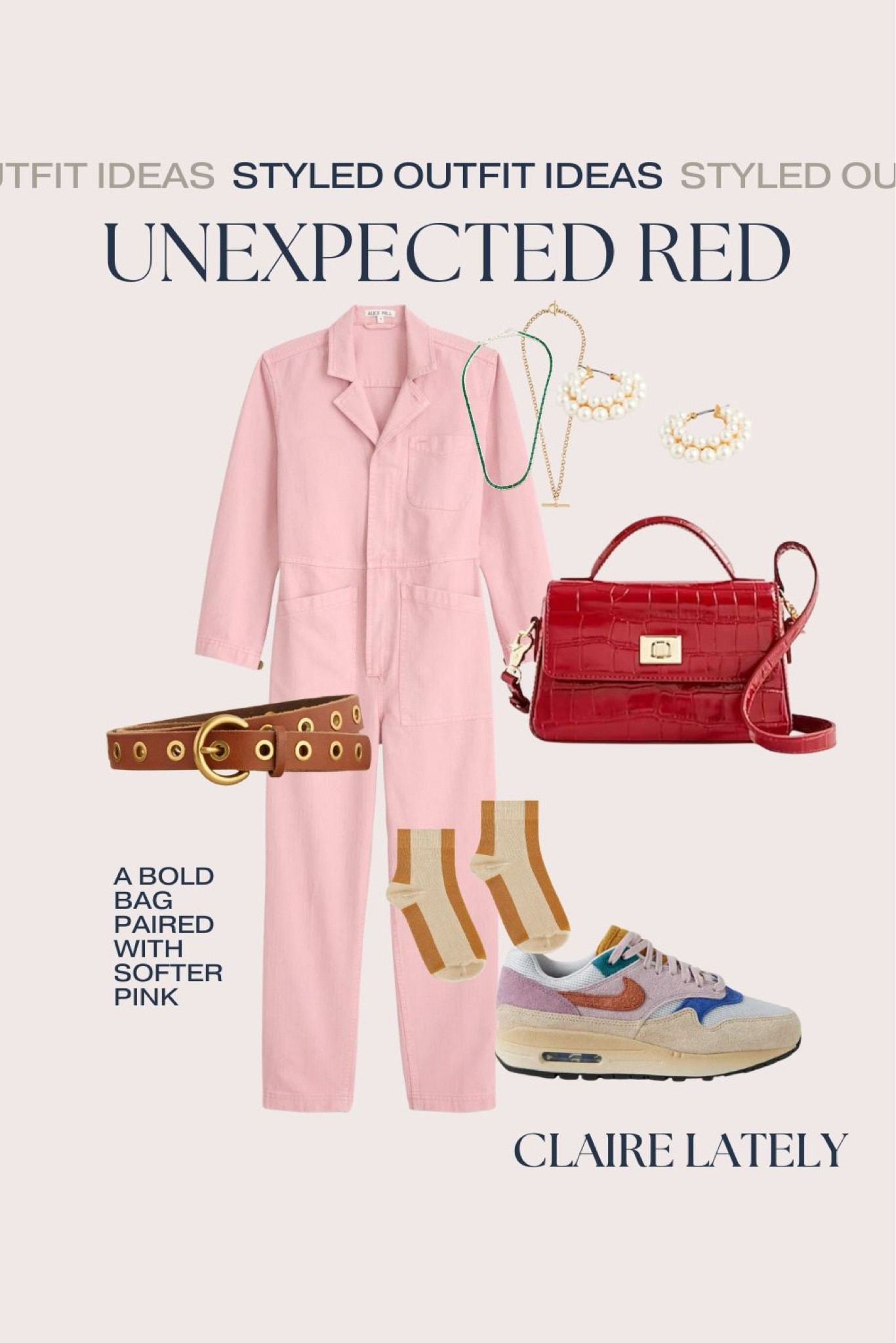 How to style the unexpected red theory - with a bold crossbody bag paired with a fair pink Alex mill herringbone jumpsuit. Finish the look with a perforated belt, tailored union socks, pearl hoop earrings, green and t-bar layered necklaces. 
See all 6 ideas in my Styled Looks Collection on the LTK APP. 
❤️ Claire Lately 

#LTKstyletip #LTKsalealert #LTKSeasonal