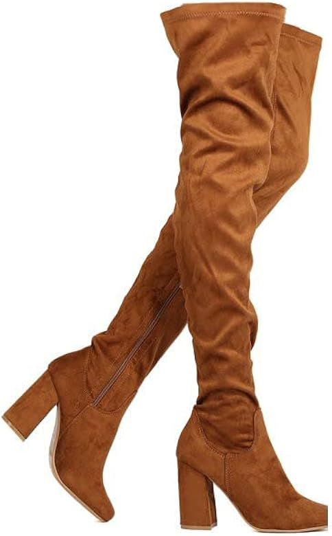 Over The Knee Pointy Toe Vegan Suede Chunky Heeled Thigh High Zip Up Over The Knee Boots by Nature B | Amazon (US)