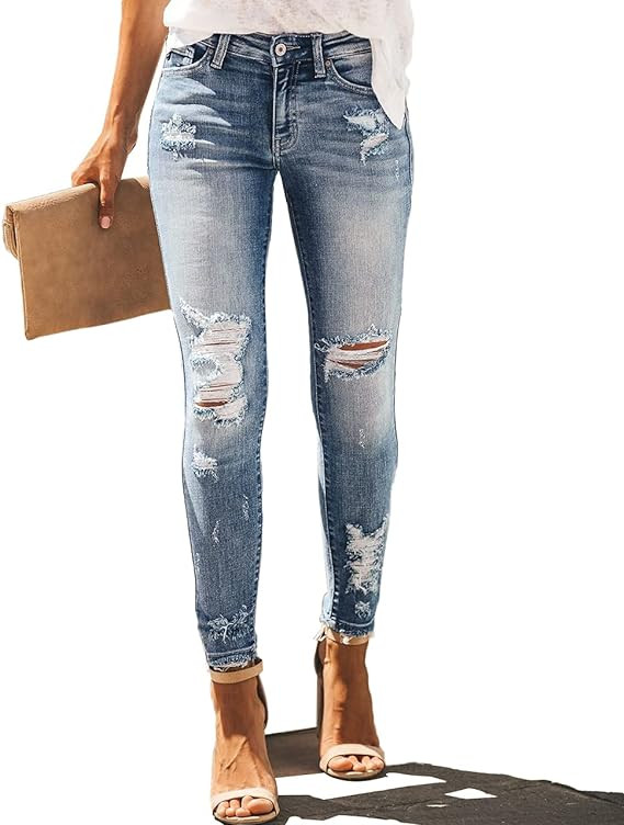Allimy Women's High Rise Skinny Stretch Ripped Jeans High Waisted Destroyed Denim Pants | Amazon (US)