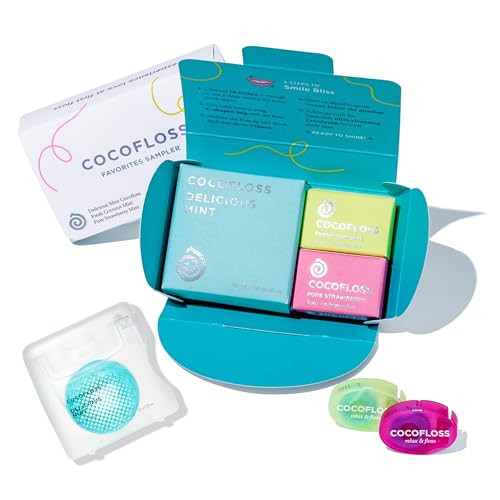 Cocofloss Woven Dental Floss, Favorites Sampler, Dentist-Designed Oral Care with Coconut Oil, Waxed, Vegan, Kid-Friendly, 1 Mint (33 yd), 2 Travel in Coconut, Strawberry (8 yd) | Amazon (US)