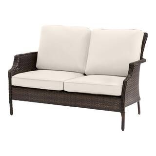 Grayson Brown Wicker Outdoor Patio Loveseat with CushionGuard Almond Tan Cushions | The Home Depot