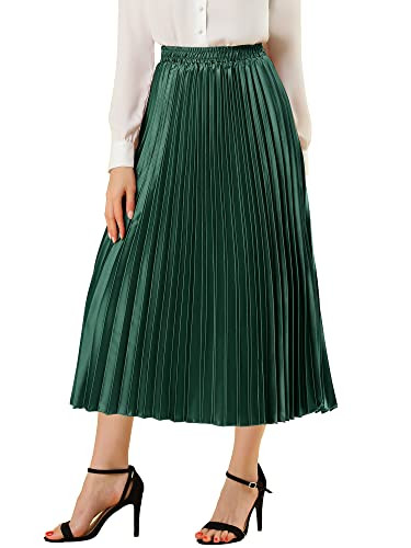 Allegra K Women Pleated Skirt Midi Length Elastic High Waisted A Line Metallic Shirring Party Skirts Large Drak Green | Amazon (US)