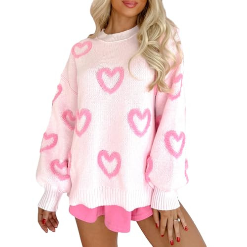 Women's Heart Print Sweatshirt Romantic Love Lip Graphic Valentine Sweater Long Sleeve Pullover Top (Pink Big Hearts, S) | Amazon (US)