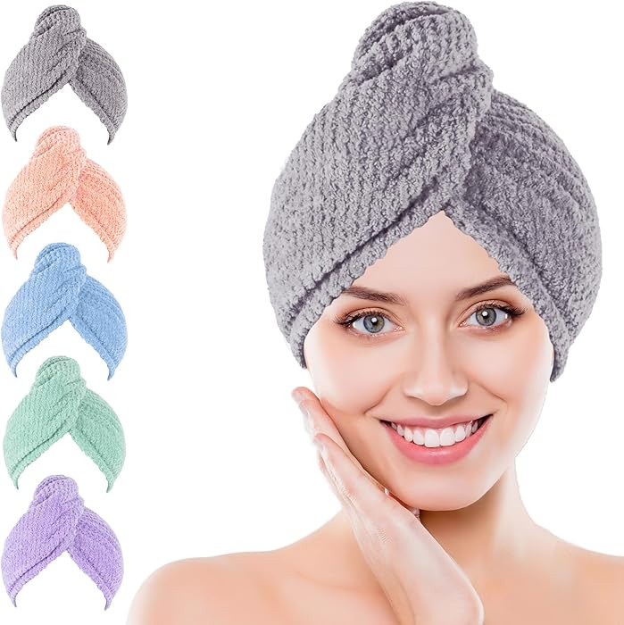 Toalla de secado de pelo de microfibra suave, paquete de 5 turbantes el\u00e1sticos para secado r... | Amazon (US)
