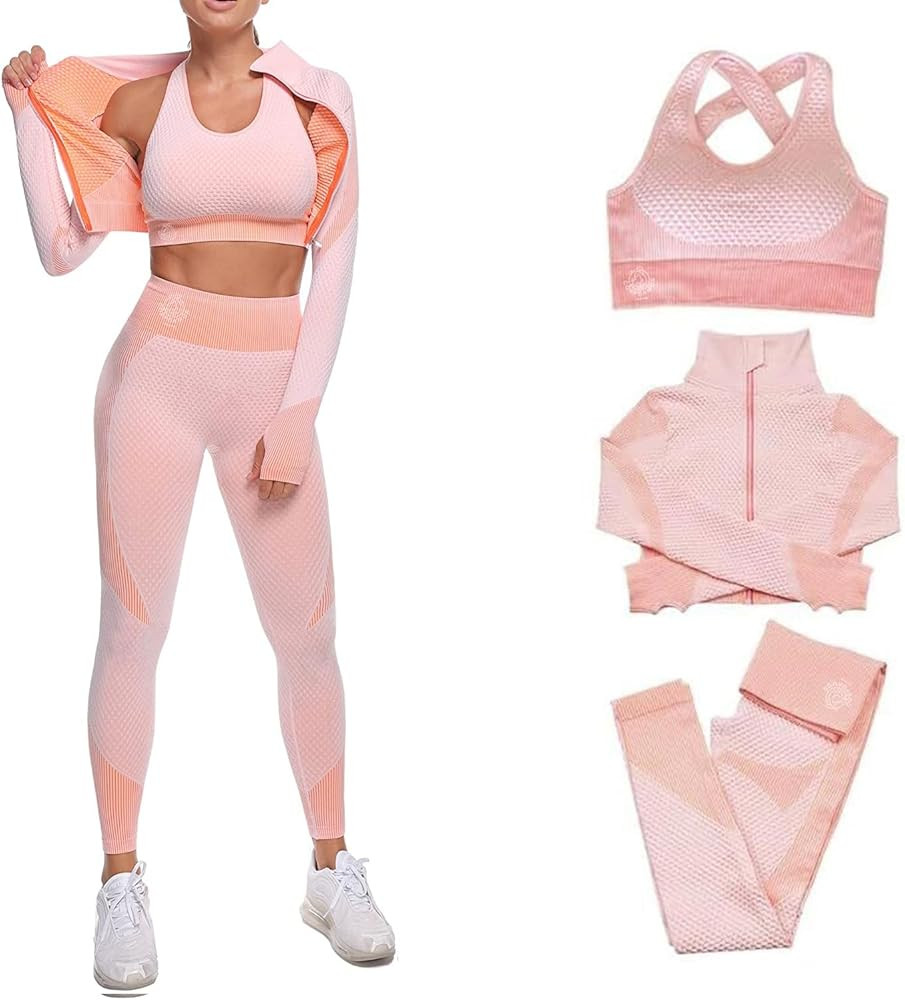Women's 3 PC Seamless Gym Clothing Workout Outfit with Jacket Bra & Leggings Set | Amazon (US)
