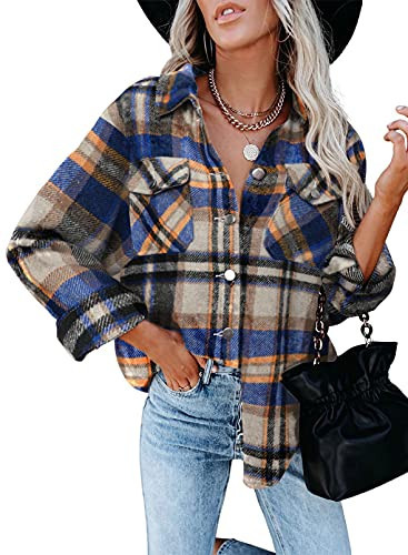 Astylish Womens Shacket Jacket Flannel Plaid Shirts Roll Up Long Sleeve Pockets Long Causal Boyfriends Shirts Cool Blue Medium | Amazon (US)
