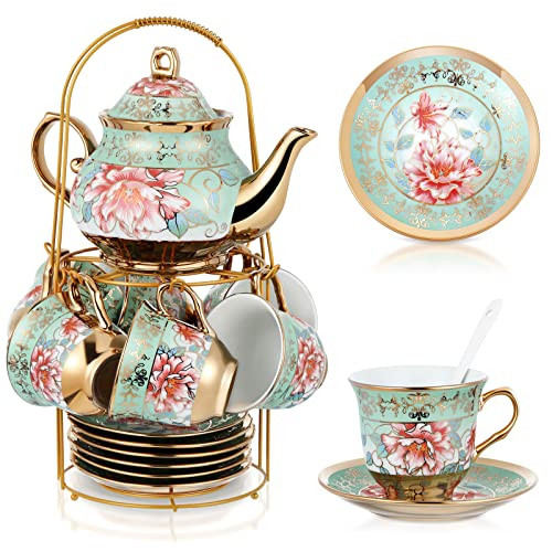 Zhehao 20 Pcs Porcelain Tea Set with Metal Holder and Spoon Adult Ceramic Tea Party Set European Flower Painting Teapot Cup Saucer Spoon Set for Women, Large Version(Fresh Style) | Amazon (US)