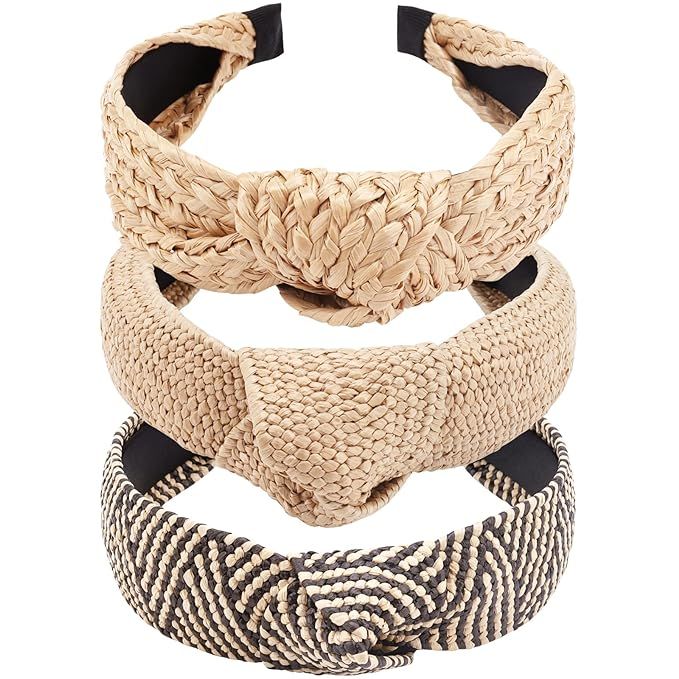 TOBATOBA Straw Headband for Women, 3Pcs Top Knot Headband, Summer Beach Headbands, Raffia / Ratta... | Amazon (US)