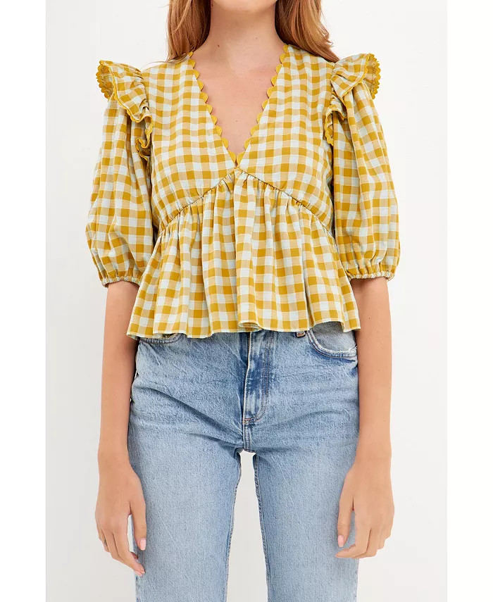 English Factory Women's Rickrack Trim Edge Check Top - Macy's | Macy's