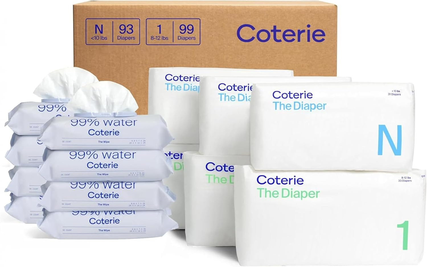 Coterie Baby Diapers + Wipes Baby Kit, Size 1 (99 Count) Size Newborn (93 Count) 8 Wipe Packs (448 Count) Made with Plant-Based Fibers, Hypoallergenic, Designed for Sensitive Skin, Clean Ingredients | Amazon (US)
