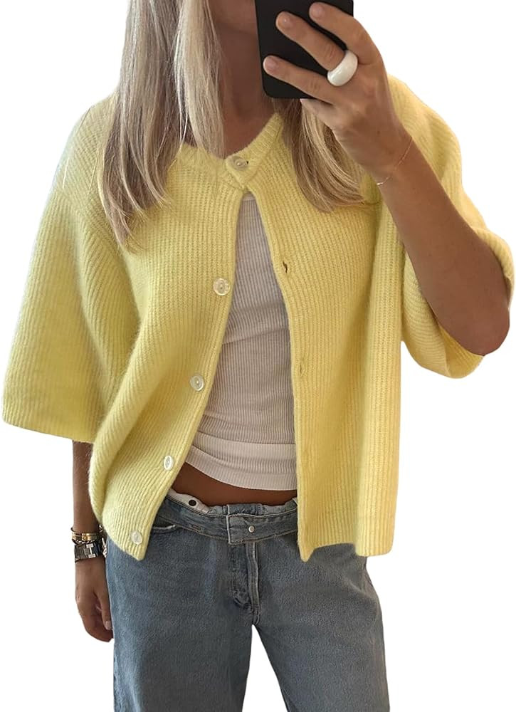Women Y2k Knitted Crop Cardigan Short Sleeve Button Up Rib Knit Solid Color Cute Sweater Shirt | Amazon (US)