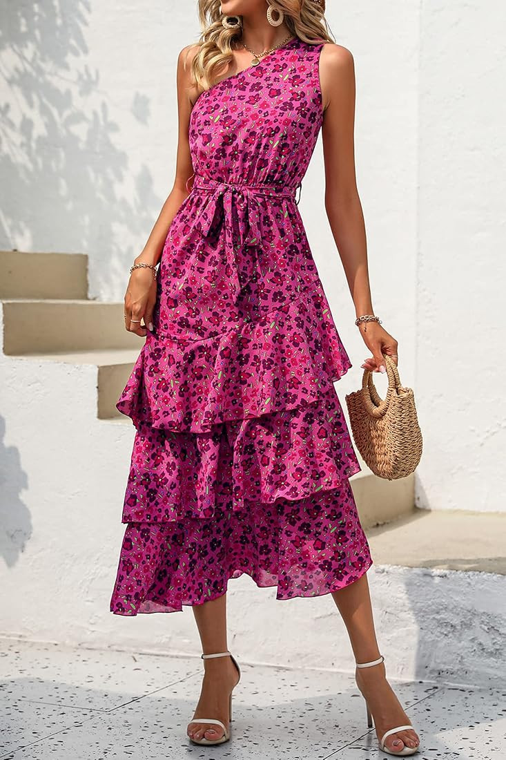 PRETTYGARDEN Women's Summer Floral Sundress Casual One Shoulder Tiered Ruffle Flowy Midi Beach Boho  | Amazon (US)