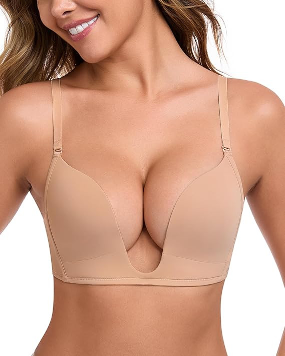 HACI Deep U Bra for Women Plunge Push Up Underwear Cleavage Seamless Low Neckline Padded Red Carp... | Amazon (US)