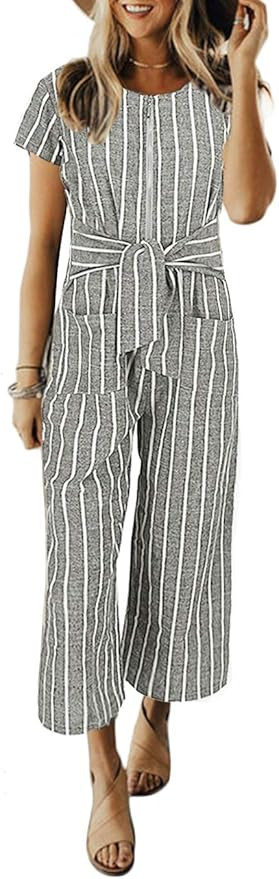 Cosygal Women's Striped Linen Short Sleeves Wide Leg Palazzo Jumpsuit Romper with Zip Pockets Tie | Amazon (US)