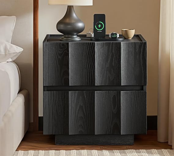 win2win 20.5" Fluted Nightstand with Charging Station, Black | Modern Bedside Table with 2-Drawer... | Amazon (US)