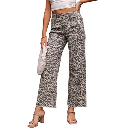 dsumvns Women's Leopard Print Wide Leg Jeans Trendy Stretchy High Waist Frayed Edge Denim Pants Baggy Cheetah Jeans | Amazon (US)