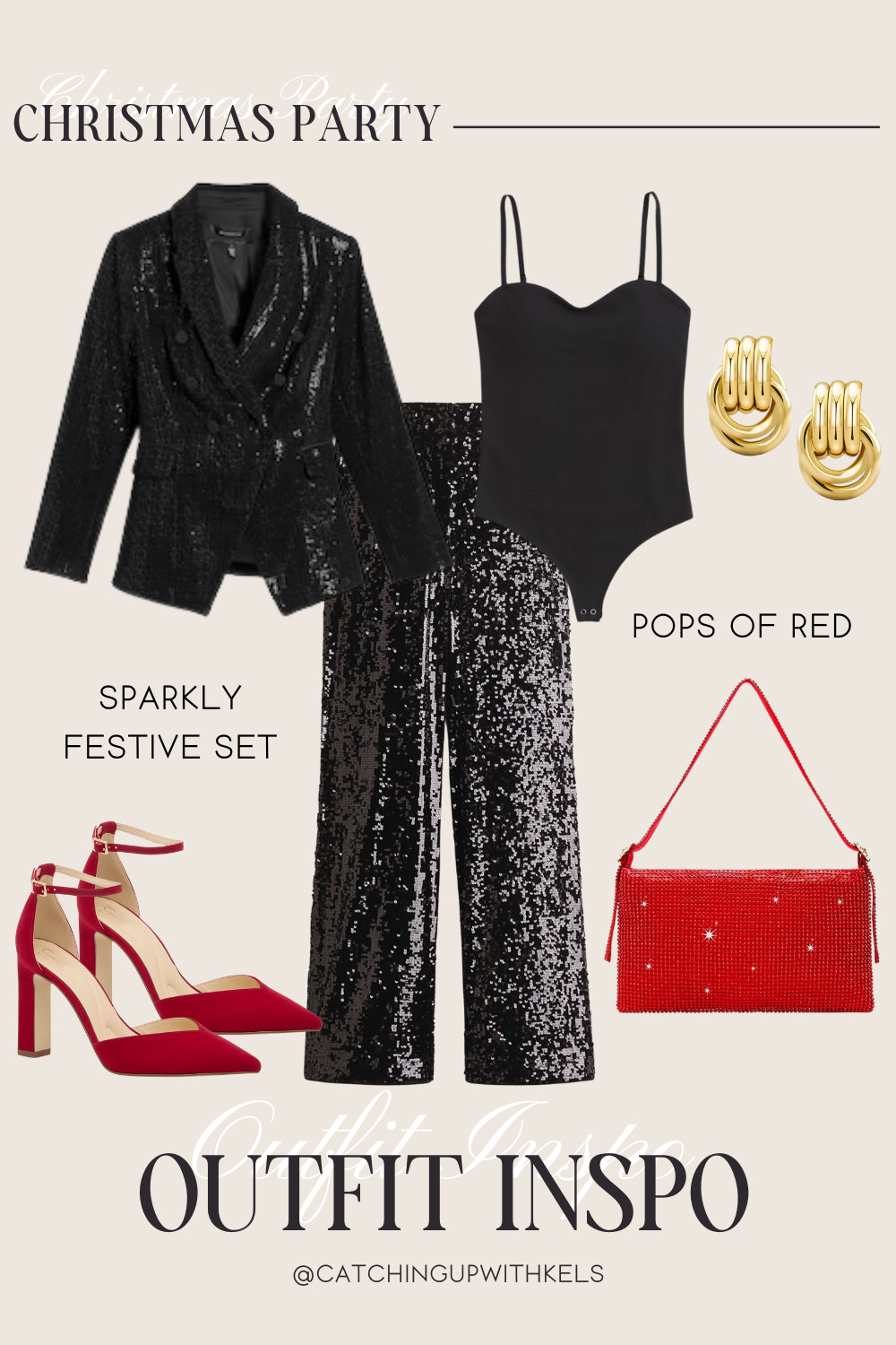 Holiday party outfit inspo !Obsessed with a sparkly black set paired with bold pops of red for the perfect festive moment! Chic, elevated, and guaranteed to turn heads at every Christmas party!  

 #LTKHoliday #LTKootd #LTKSeasonal