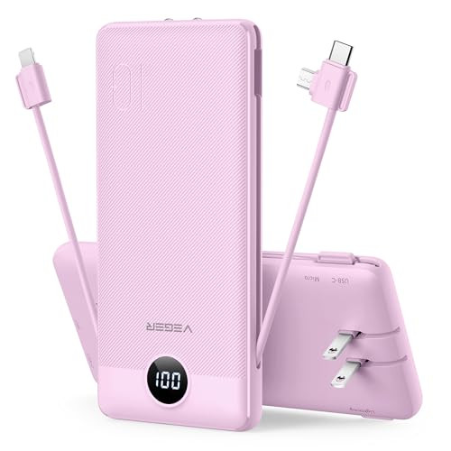 VEGER Portable Charger with Built-in AC Plug and Cables, All in One 10000mAh Ultra Slim Power Bank Travel Essentials, USB C External Battery Pack Compatible with iPhone, Samsung, More, Purple | Amazon (US)