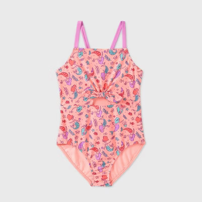 Girls' Tie-Front Mermaid Print One Piece Swimsuit - Cat & Jack™ Coral | Target