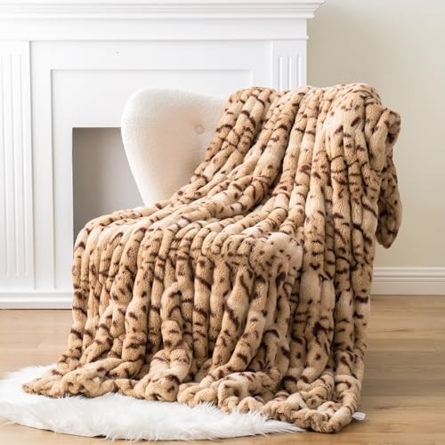 BATTILO HOME Luxury Ruched Faux Fur Throw Blanket Leopard Print, Double Side Soft Warm Rabbit Fur... | Amazon (US)
