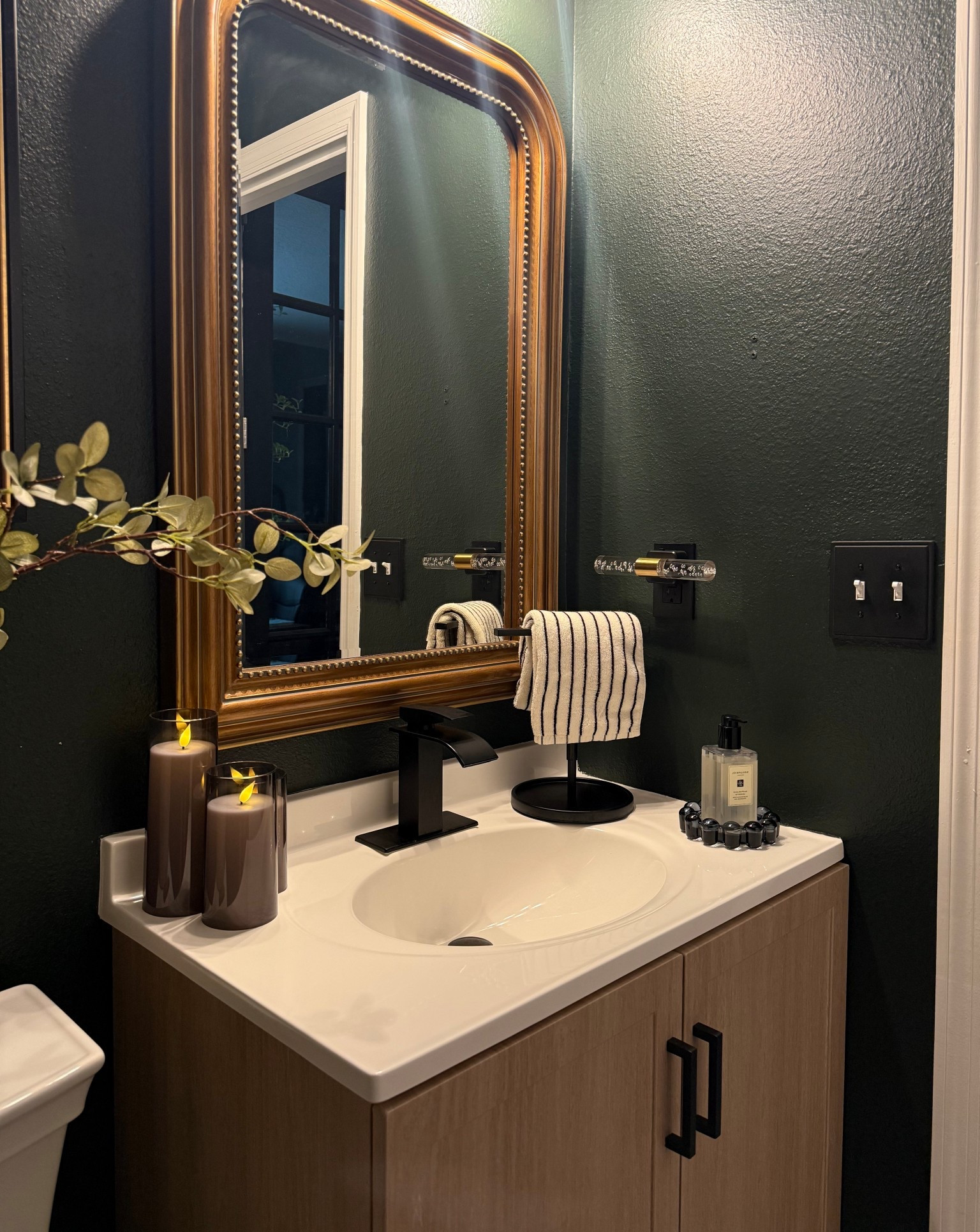 Powder bath favorite finds! 🔥 
Paint color: SW Jasper 

Moody bathroom, moody paint, powder bath, master bathroom, guest bathroom, Amazon home finds, Amazon bathroom finds 

#LTKHome