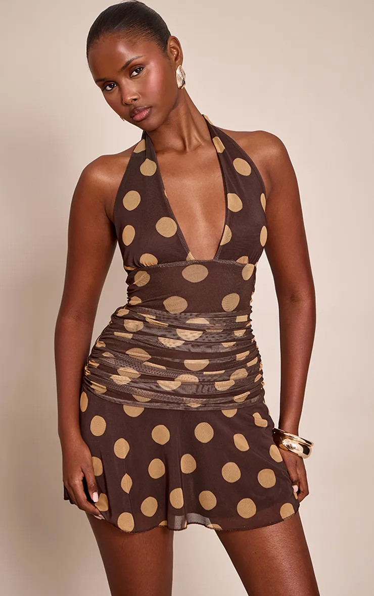 Brown Contrast Polka Dot Halterneck Mini Dress | PrettyLittleThing UK