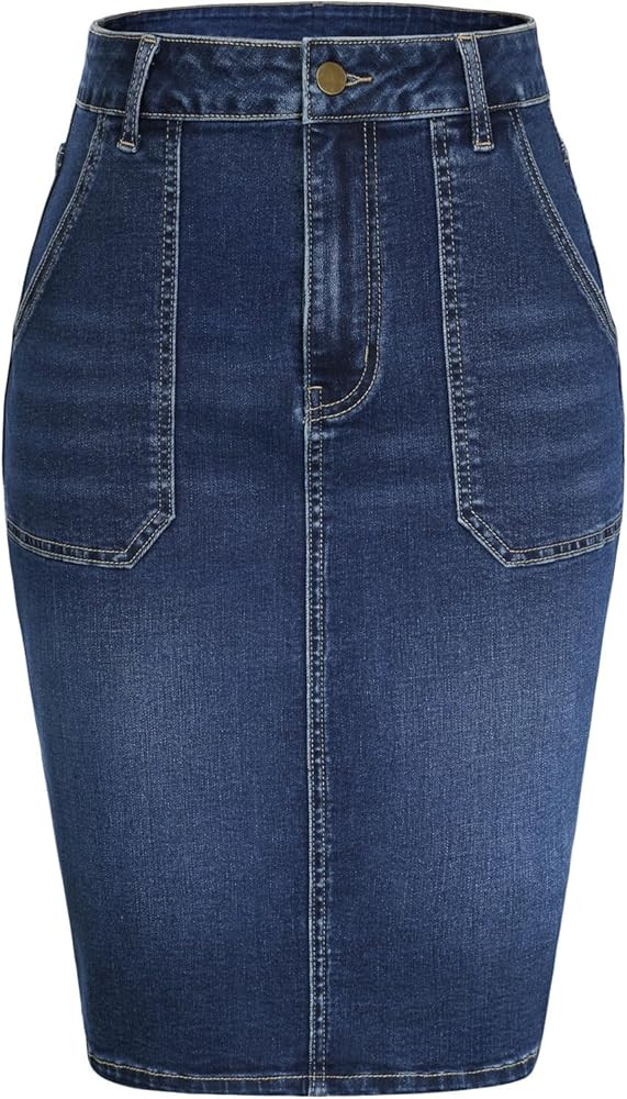 Belle Poque Women's Denim Skirt Stretchy High Waisted Below Knee Length Jean Skirt with Pockets S... | Amazon (US)