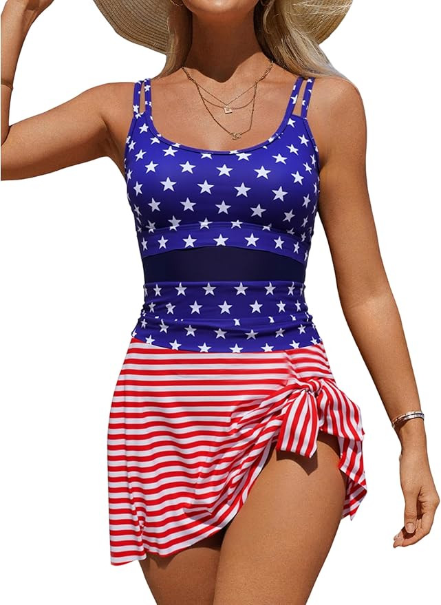 Womens One Piece Swim Dress Tummy Control Swimsuits Mesh American Flag Summer Beach Swim Tankini ... | Amazon (US)