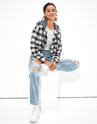 AE Cozy Cabin Cropped Hoodie Flannel | American Eagle Outfitters (US & CA)