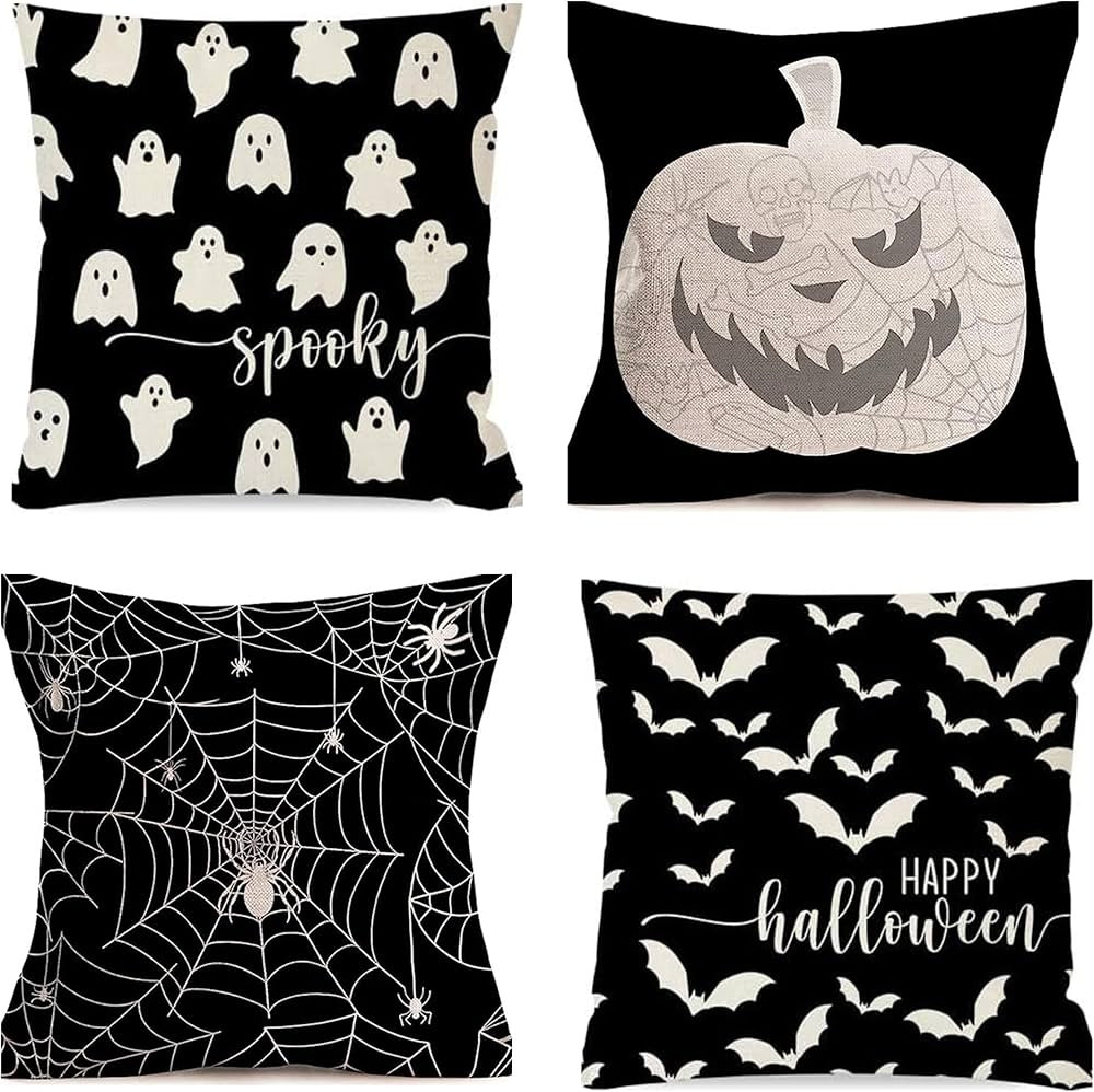 Happy Halloween Pillow Covers 18X18 Set of 4,Black Bat Spiderweb Ghost Pumpkin Lumbar Pillow Case... | Amazon (US)