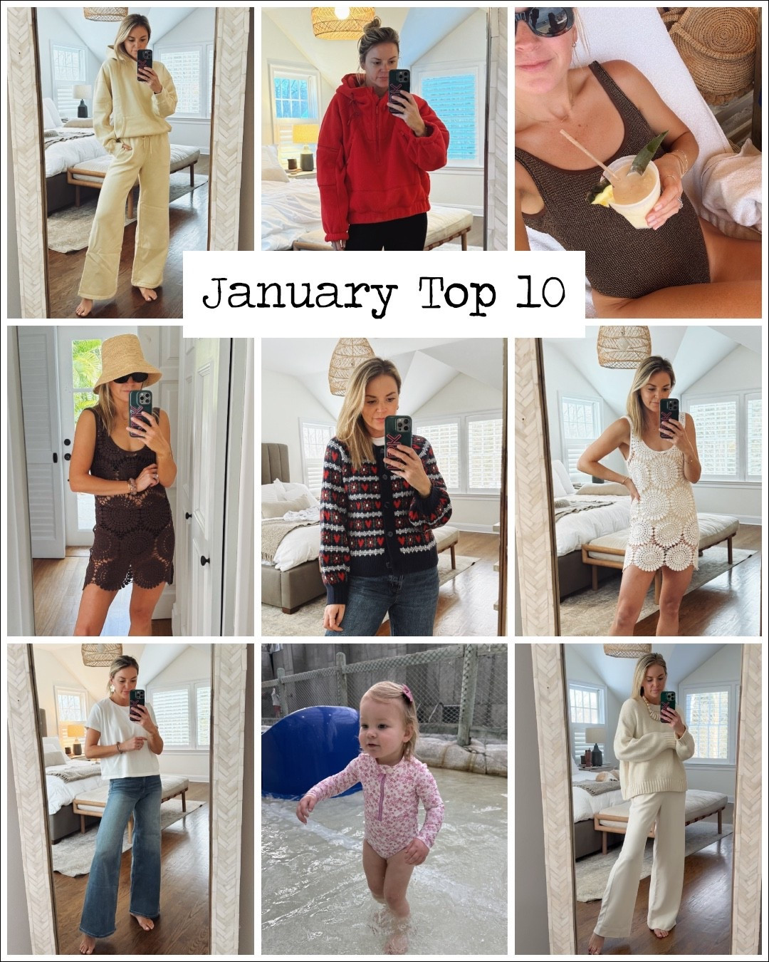 January Top 10 follower favorites 
1. $35 Target pull on pants. I’m 5’5 wearing small regular, but wish I did XS (Do not put in the dryer!!)
2. $18 Toddler swimsuit 
3. $28 Target jeans - size up. I’m 5’5 wearing 4R in vintage medium wash, but need a 6. I’m usually a 2/26 in most brands. 
4. Crochet coverup size small 
5. Heart cardigan size medium 
6. Valentine’s placemats 2 for $4
7. Jcrew one-piece size 2, tts 
8. FP fleece pullover with hoodie, size small
9. Magnatile rails 
10. A&F matching sweat set, size small