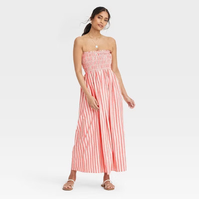 Women's Midi A-Line Dress - Universal Thread™ Coral Red Striped L: Cotton Rayon Blend, Backless, Pullover | Target