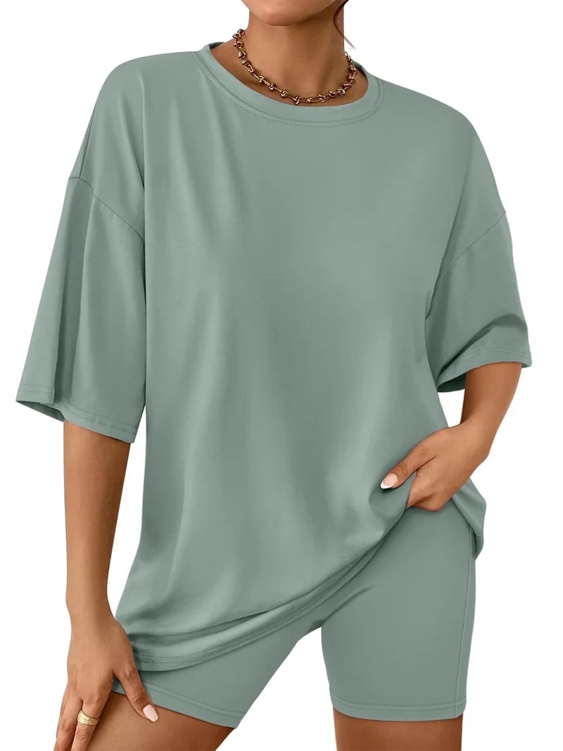 SUNBS 2 Piece Outfit for Women Lounge Sets Oversized Tshirts Matching Biker Short Summer Clothing... | Walmart (US)