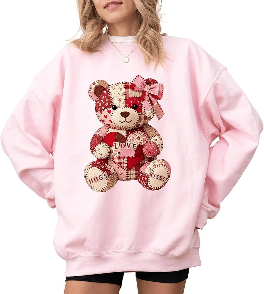 Cute Patchwork Teddy Bear Sweatshirt - Valentine's Day Pink & White Crewneck - Hugs Kisses Love B... | Amazon (US)