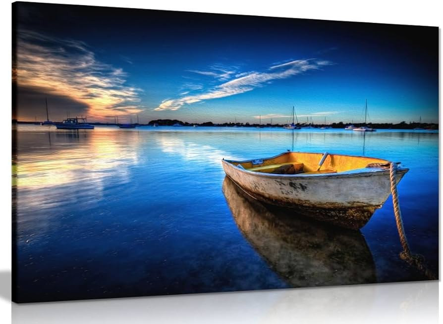 Landscape Blue Boat On Sea & Sky Painting Canvas Wall Art Picture Print (36x24in) | Amazon (UK)