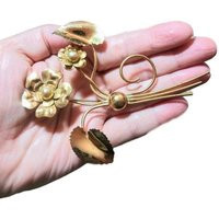 Vintage Brooch Large Gold Flowers & Leaves W Center Pearls 50's Mid Century Fashion Jewelry | Etsy (US)