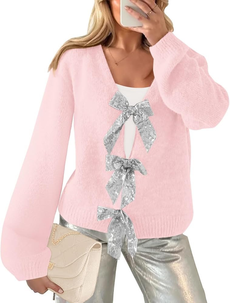 Women’s 2024 Fall Winter Bow Knot Cardigan Sweater Long Sleeve Open Front V Neck Chunky Knit Ca... | Amazon (US)