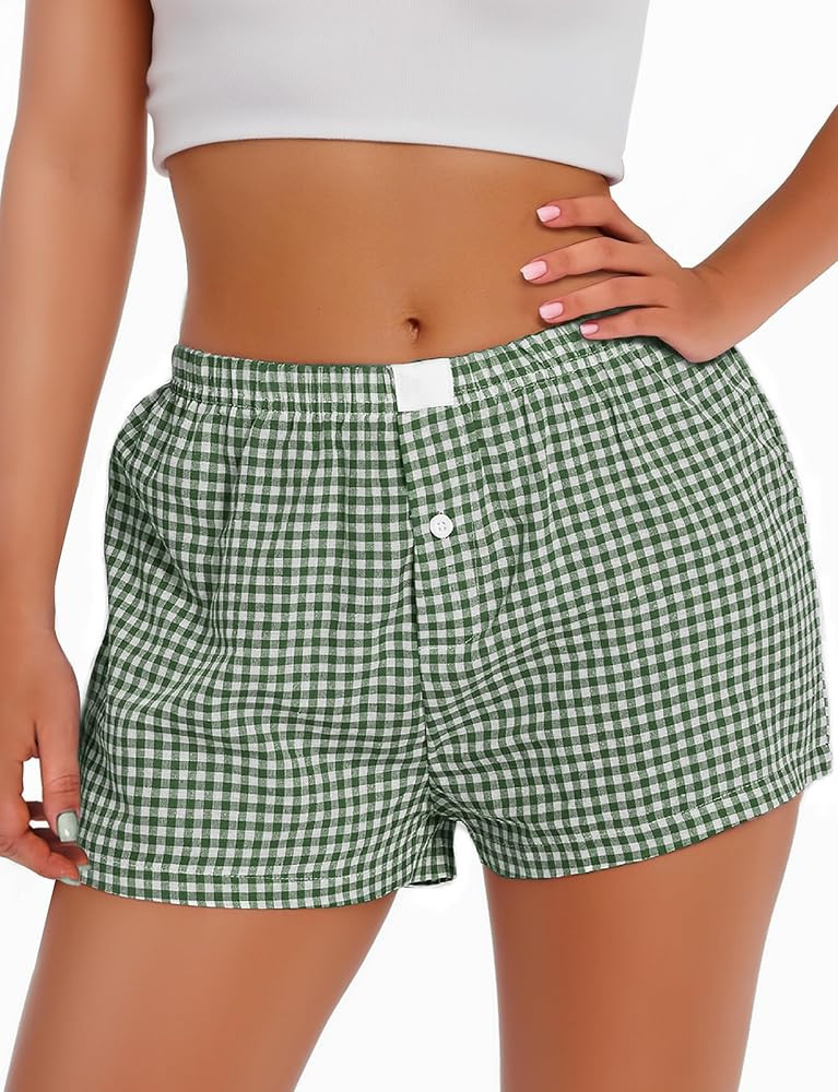 Womens Boxer Shorts Gingham Plaid Short Pants Pajamas Lounge Bottoms Y2K Cute Streetwear Pj Sleep... | Amazon (US)