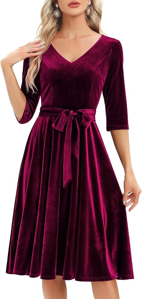 Bbonlinedress Women Long Sleeve Velvet Vintage Tea Dress Formal Cocktail Wedding Guest Midi Prom ... | Amazon (US)