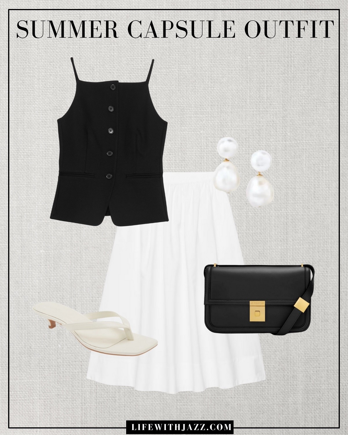 Summer capsule outfit 

Minimal style / elevated style / relaxed style / black vest / dressy top / white poplin midi skirt / white dressy heels / black purse / pearl earrings/ summer chic / Nordstrom / banana republic / Demellier/ src25 

#LTKStyleTip #LTKSeasonal