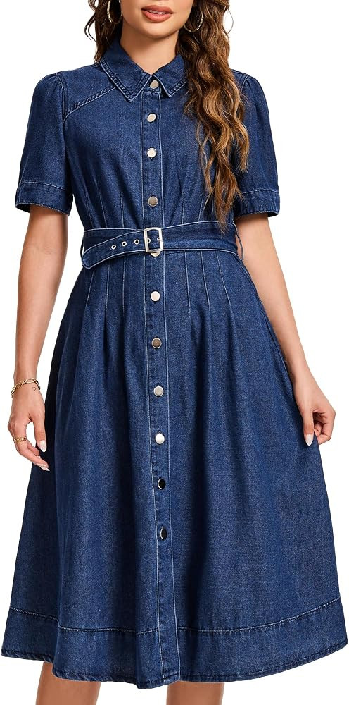 Women's Midi Denim Shirt Dress Short Sleeve Belted Jean Dresses | Amazon (US)