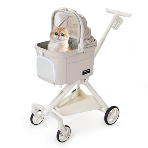 Beberoad Pets TT Lightweight Pet Stroller for Small Dogs & Cats - 4-Way Installation Carrier, One-Hand Fold, 180° Canopy Cover & Adjustable Handle (Beige) | Amazon (US)